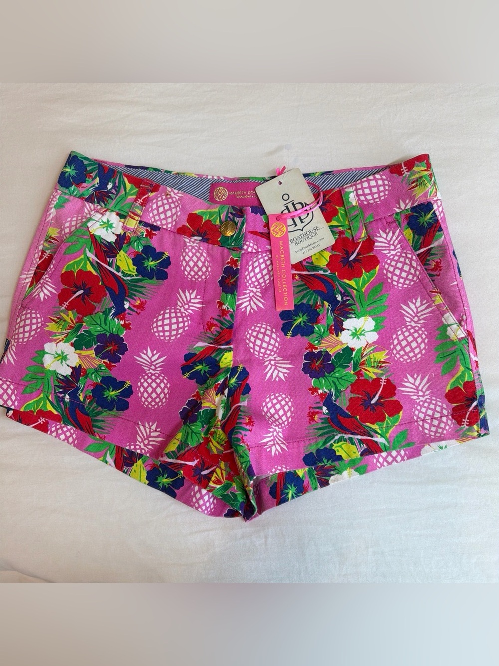 Macbeth Collection by Margaret Josephs Pink Tropical Pineapple Denim Shorts
